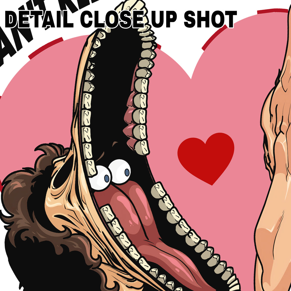 Valentine DTF transfer design featuring cartoon horror characters with pink heart background and text Can't Keep My Eyes Off Of You
