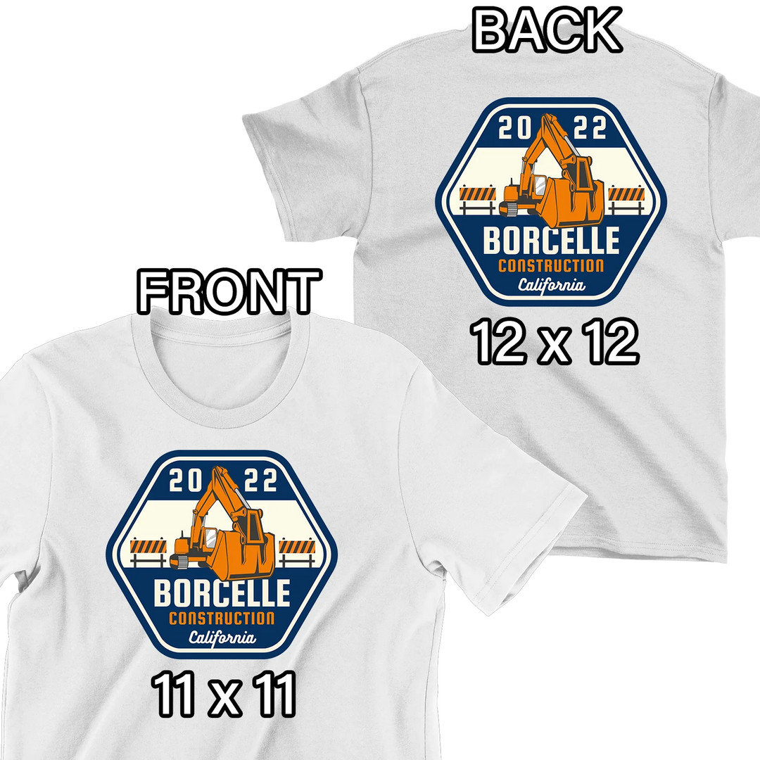 White t-shirt mockup showing front 11x11 and back 12x12 logo placement with construction company excavator design - custom DTF transfer sizing guide by Mugsie