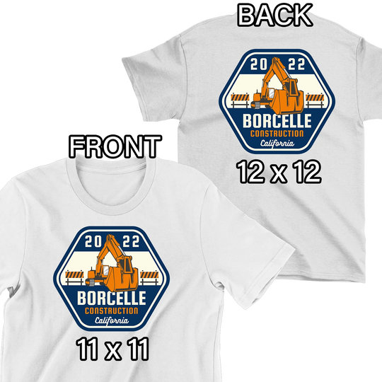 White t-shirt mockup showing front 11x11 and back 12x12 logo placement with construction company excavator design - custom DTF transfer sizing guide by Mugsie
