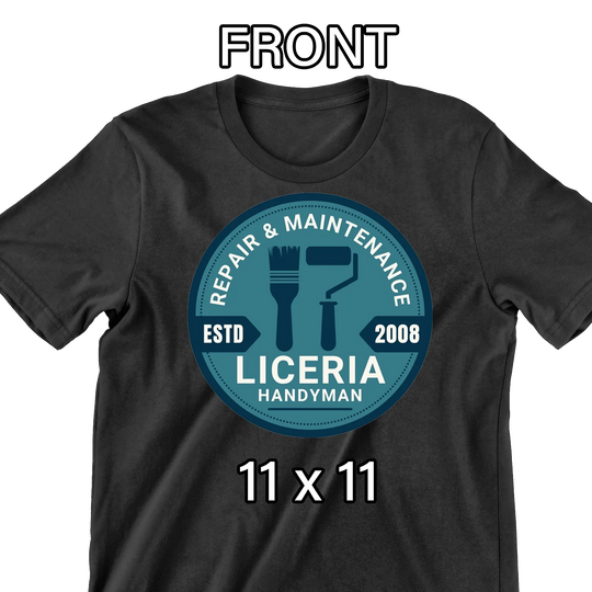 black t-shirt mockup showing 11x11 front chest logo placement with handyman repair company design - custom DTF transfer sizing guide by Mugsie