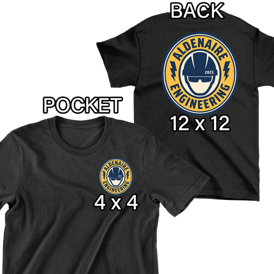 Black t-shirt mockup showing 4x4 pocket and 12x12 back logo placement with engineering company hard hat design - custom DTF transfer sizing guide by Mugsie