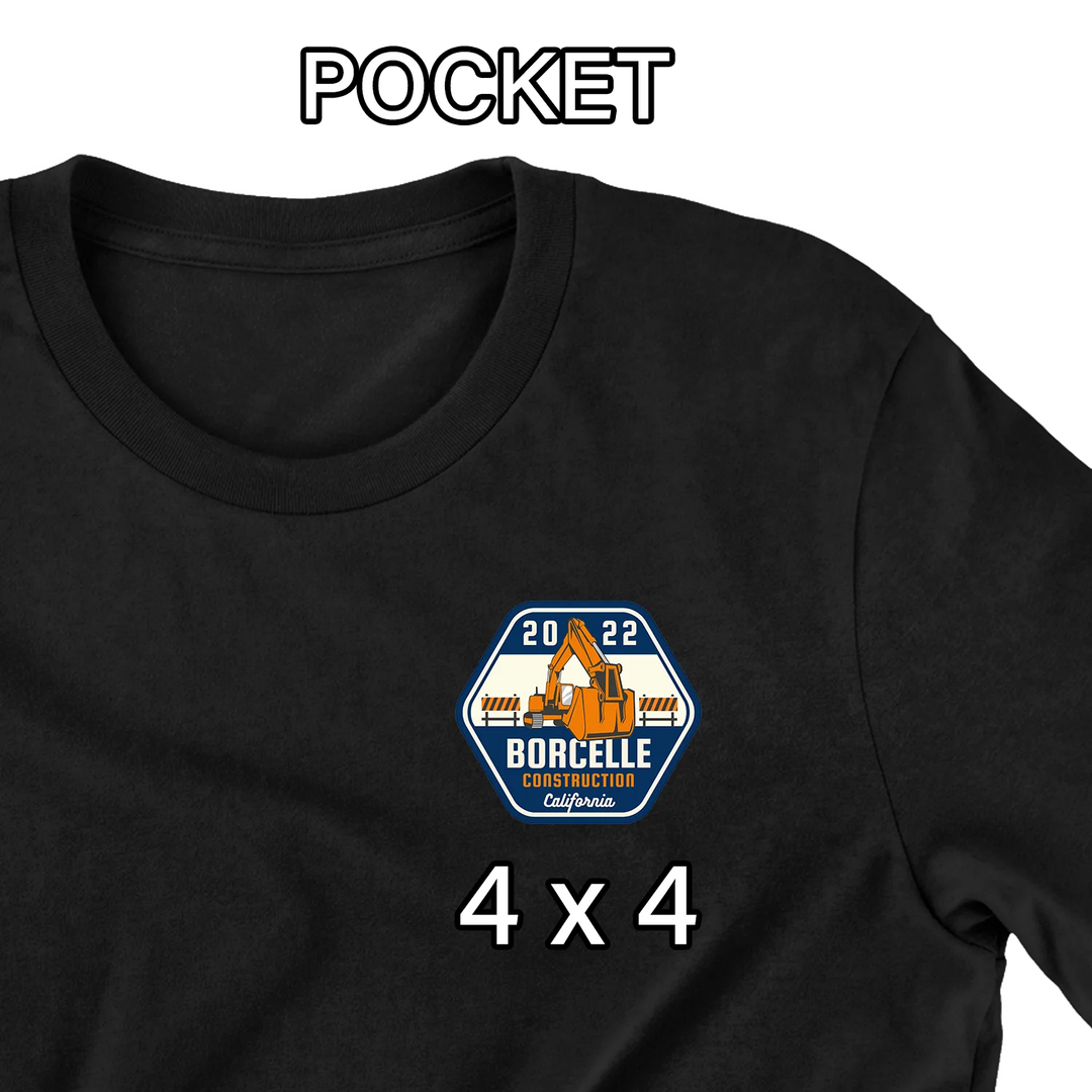 Black t-shirt mockup showing 4x4 pocket logo placement with construction company excavator design - custom DTF transfer sizing guide by Mugsie