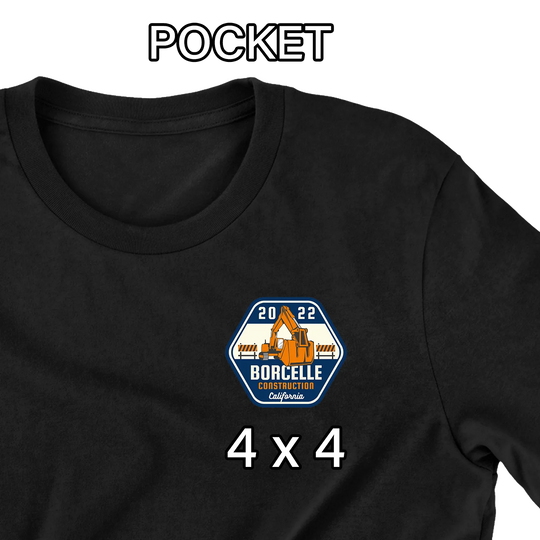 Black t-shirt mockup showing 4x4 pocket logo placement with construction company excavator design - custom DTF transfer sizing guide by Mugsie