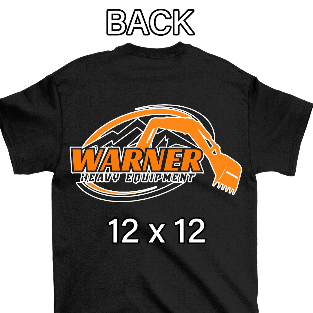 Black t-shirt back logo placement with contruction company design - custom DTF transfer sizing guide by Mugsie