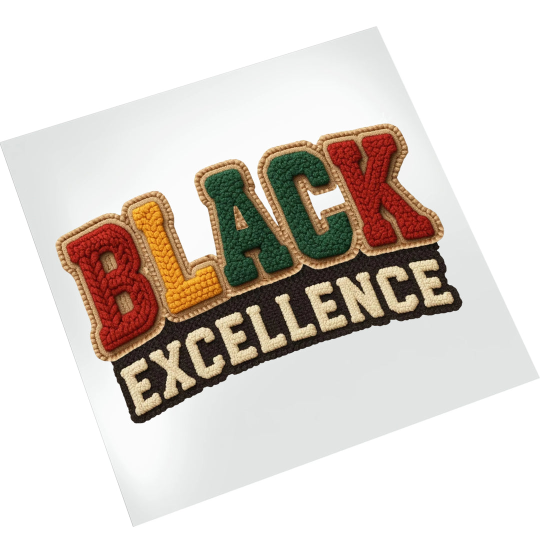 Black Excellence faux yarn DTF transfer mockup on white background showing dimensional textured lettering in Pan-African colors