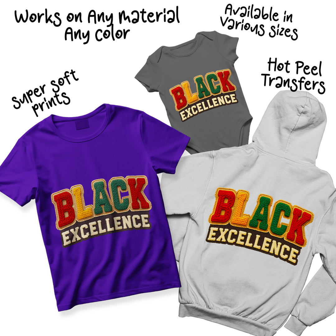 Black Excellence DTF transfer color variations showing different colorway options of the textured yarn-style design