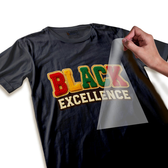 Close-up detail of Black Excellence DTF transfer showing the intricate faux yarn texture and raised dimensional lettering effect