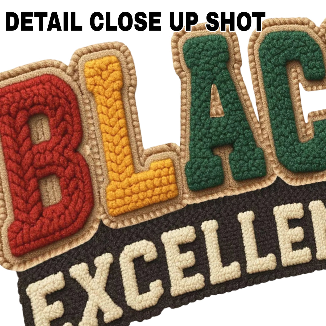 Black Excellence DTF transfer design featuring bold red, yellow, and green textured lettering with faux yarn appearance on transparent background