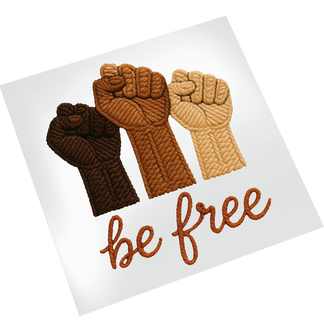 Be free raised fists DTF transfer mockup on white t-shirt showing Black History unity design placement