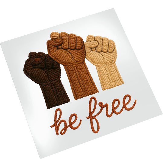 Be free raised fists DTF transfer mockup on white t-shirt showing Black History unity design placement