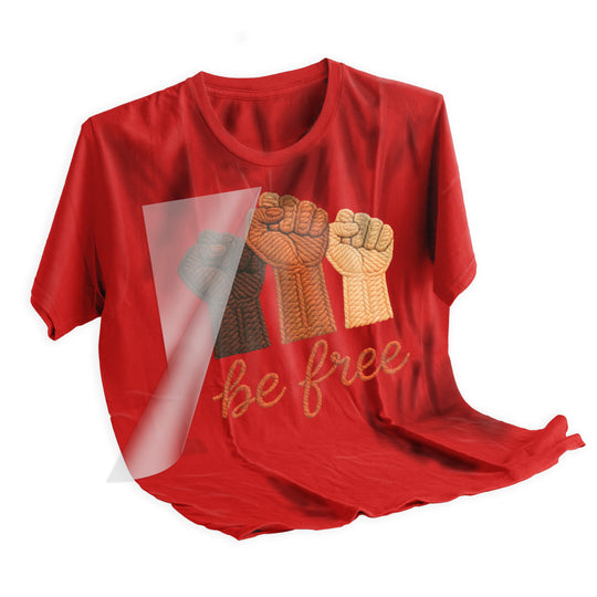 Heat press application of Black History be free fists DTF transfer being applied to dark colored shirt