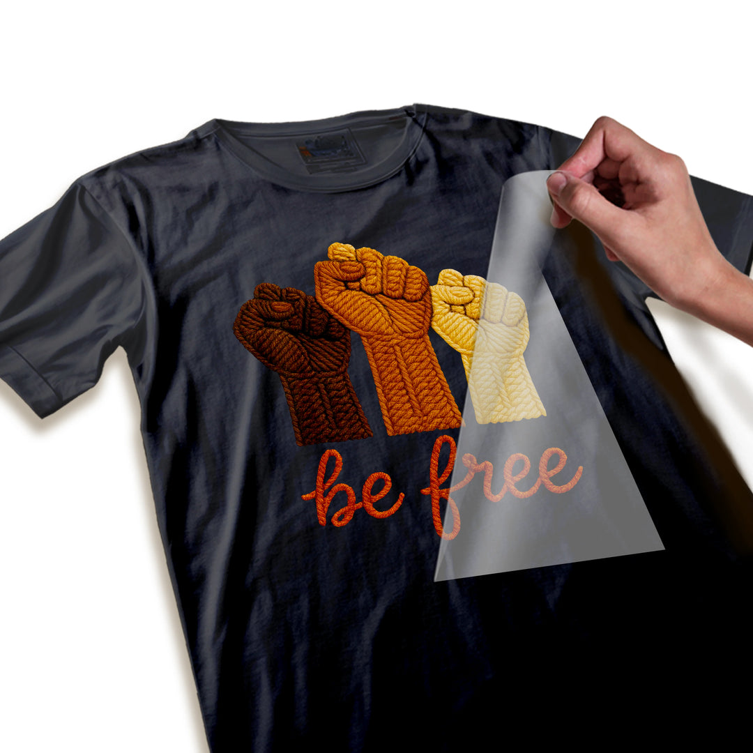 Close-up detail of textured rope-like finish on raised fists DTF transfer showing dimensional quality