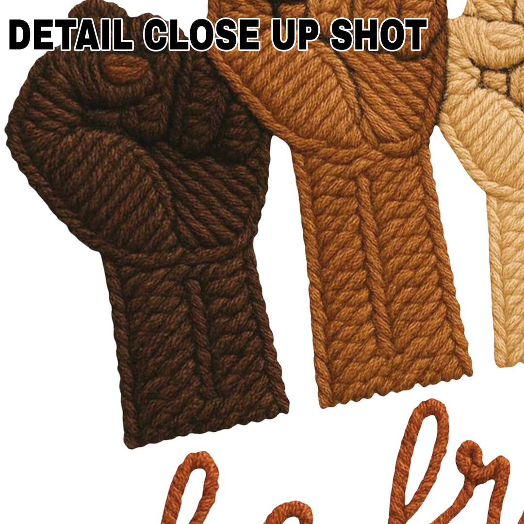 Black History DTF transfer design showing three raised fists in brown tones with be free text on white background