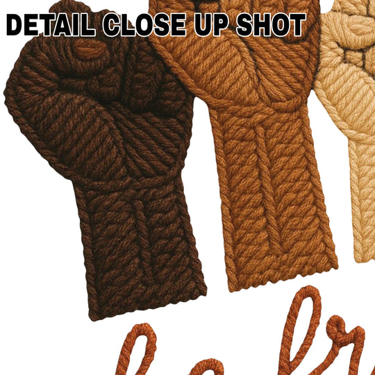 Black History DTF transfer design showing three raised fists in brown tones with be free text on white background