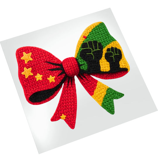 Black History fist bow unity DTF transfer displayed on white background showing textured yarn-like appearance with red bow, black fists, and colorful African heritage design elements