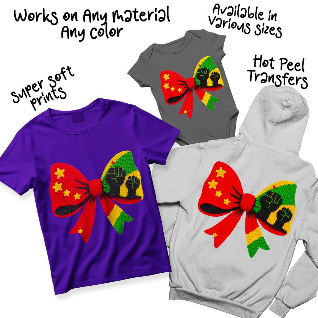 Multiple color variations of Black History fist bow DTF transfer showing different colorway options for the unity design with raised fist symbols and decorative bow elements