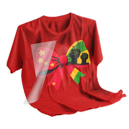 Black History fist bow unity DTF transfer applied to dark colored t-shirt showing final pressed result with vibrant colors and textured appearance on fabric