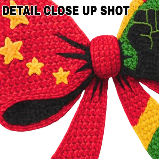 Black History DTF transfer design featuring two black raised fist symbols surrounded by a red decorative bow with yellow star accents and green, yellow, and red colors representing African heritage