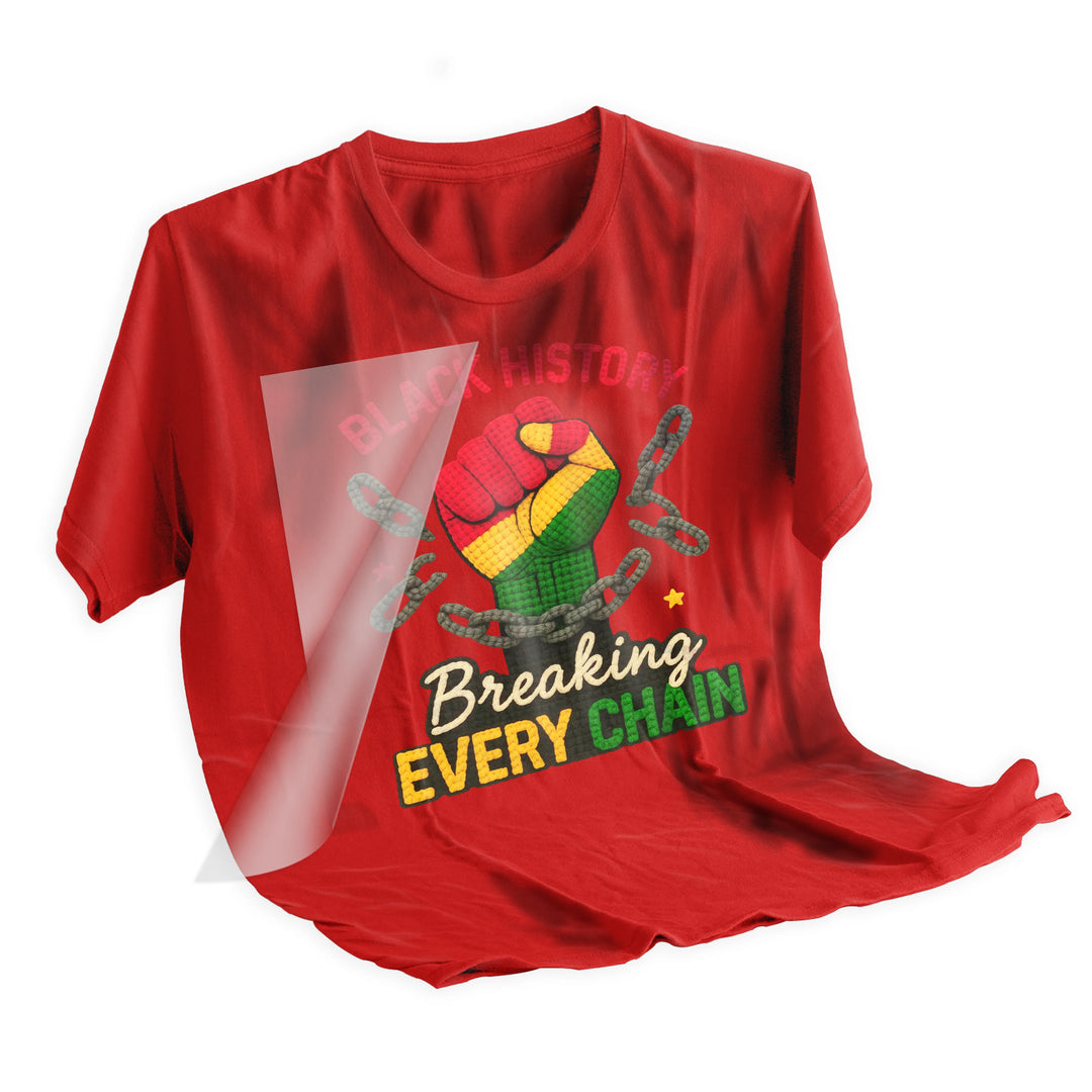 Black History DTF transfer applied to dark t-shirt showing Breaking Every Chain fist design heat pressed onto fabric with vibrant colors