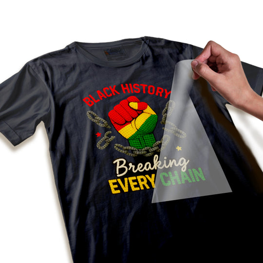 Close-up detail of Black History DTF transfer showing textured yarn-like appearance of raised fist and chain elements with dimensional quality