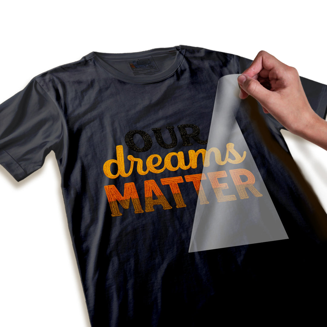 Close-up detail of Our Dreams Matter DTF transfer showing yarn-like texture and dimensional lettering quality