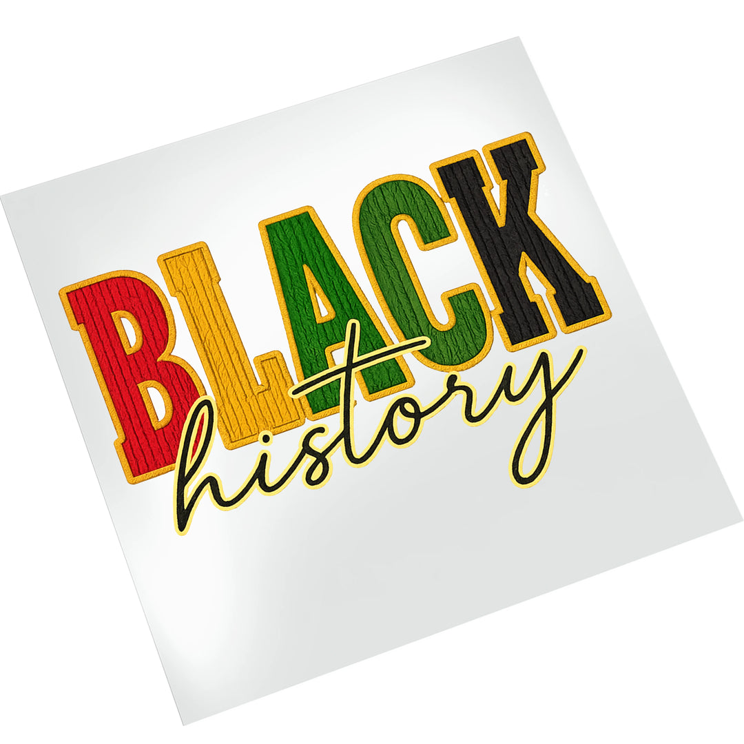 Black History Month DTF transfer mockup showing textured lettering in red yellow green and black colors ready for heat press application
