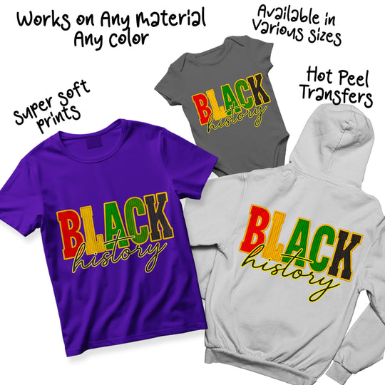 Multi-color Black History DTF transfer design variations displaying knit-style texture effect in vibrant Pan-African heritage colors
