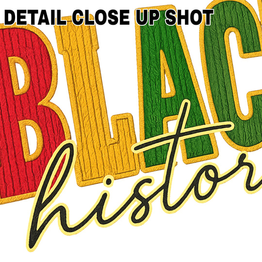 Black History DTF transfer design with knitted texture featuring red B, yellow L, green ACK letters and black history script text on white background