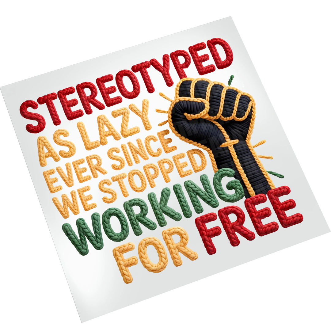 Social justice DTF transfer on white background showing colorful rope-style lettering and black raised fist with yellow rope binding