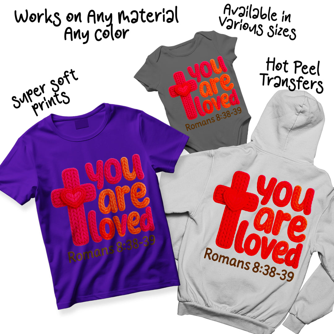 Multi-color variations of You Are Loved faith DTF transfer showing different color combinations of the textured cross design