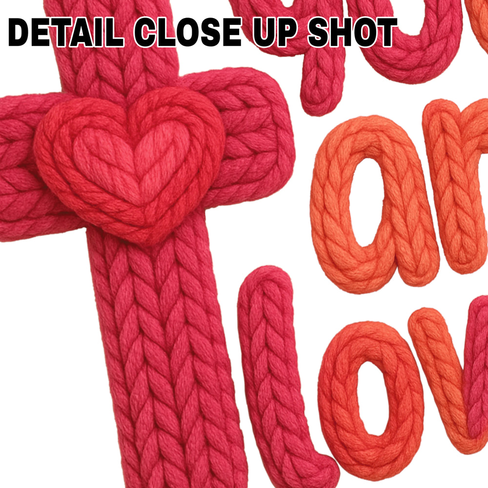 You Are Loved faith DTF transfer with red textured cross and Romans 8:38-39 scripture reference in rope-like braided font