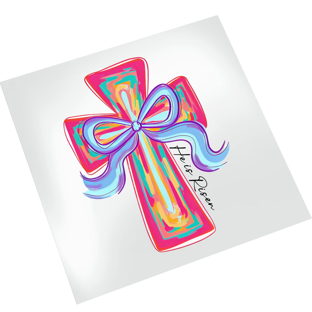 Easter cross DTF transfer with purple bow displayed on white t-shirt mockup showing placement and size