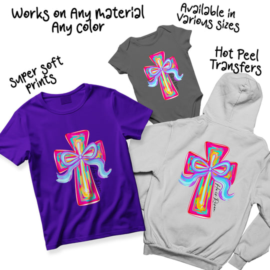 Multiple color variations of Easter cross DTF transfer design showing different bow and cross color options