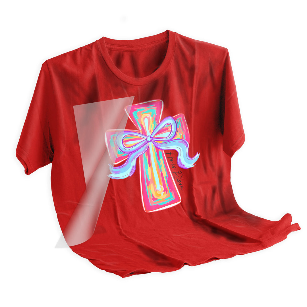 Heat press application of Easter cross DTF transfer being applied to shirt showing proper pressing technique