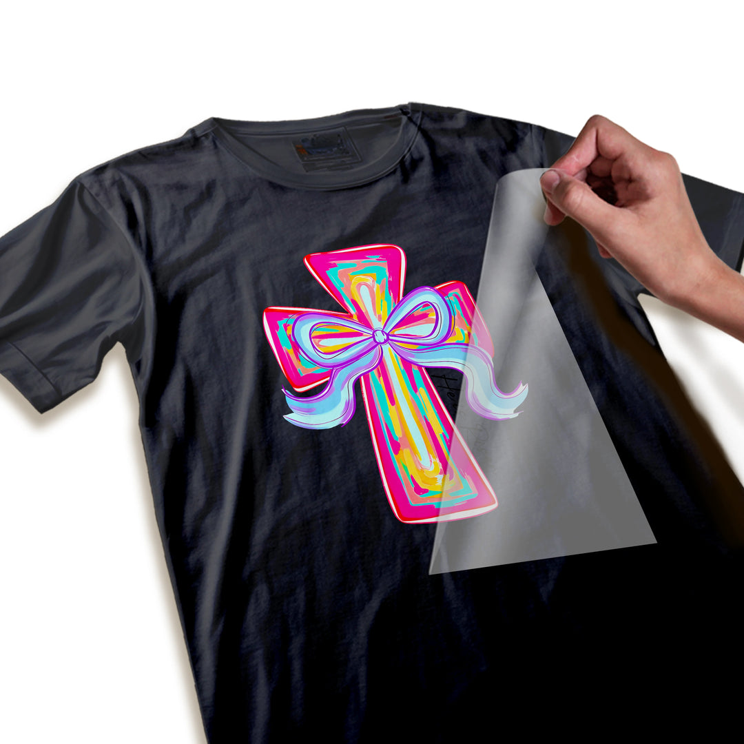 Close-up detail of Easter cross DTF transfer showing vibrant colors and purple bow texture quality