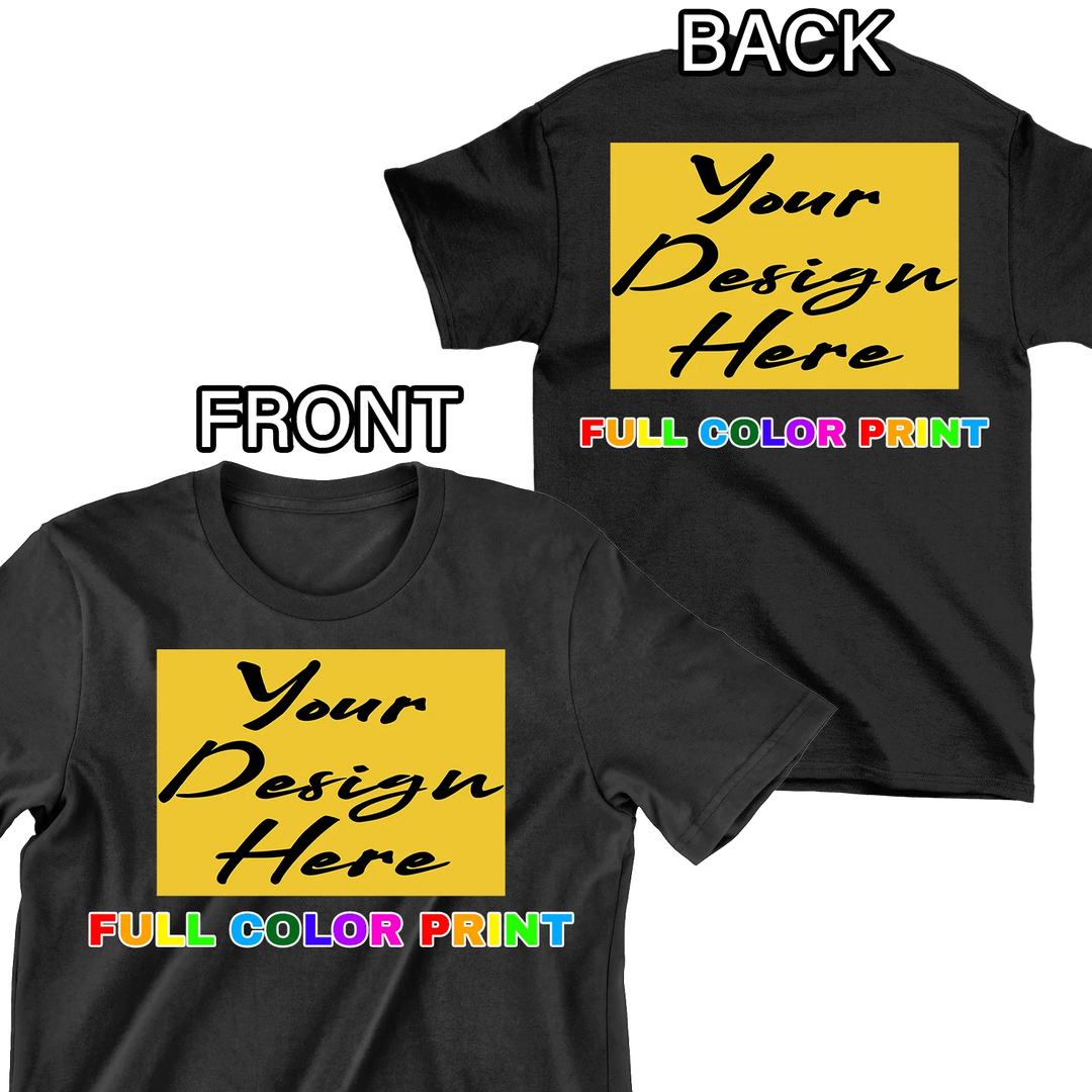 Custom black t-shirt with full color DTF transfers printed on the front and back for a complete custom apparel design