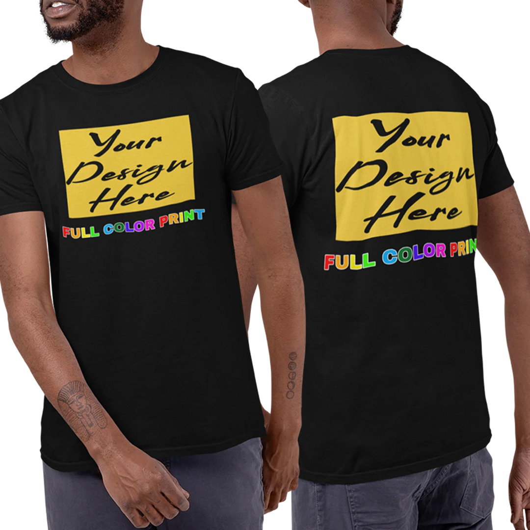 Custom black t-shirts with full color front print - personalized design on dark fabric DTF printing
