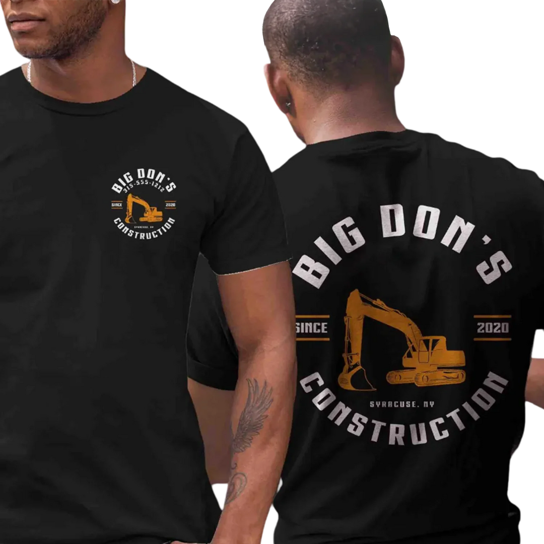 Custom branded black construction t-shirt showing front pocket logo and full back print with excavator design - finished DTF printed workwear by Mugsie