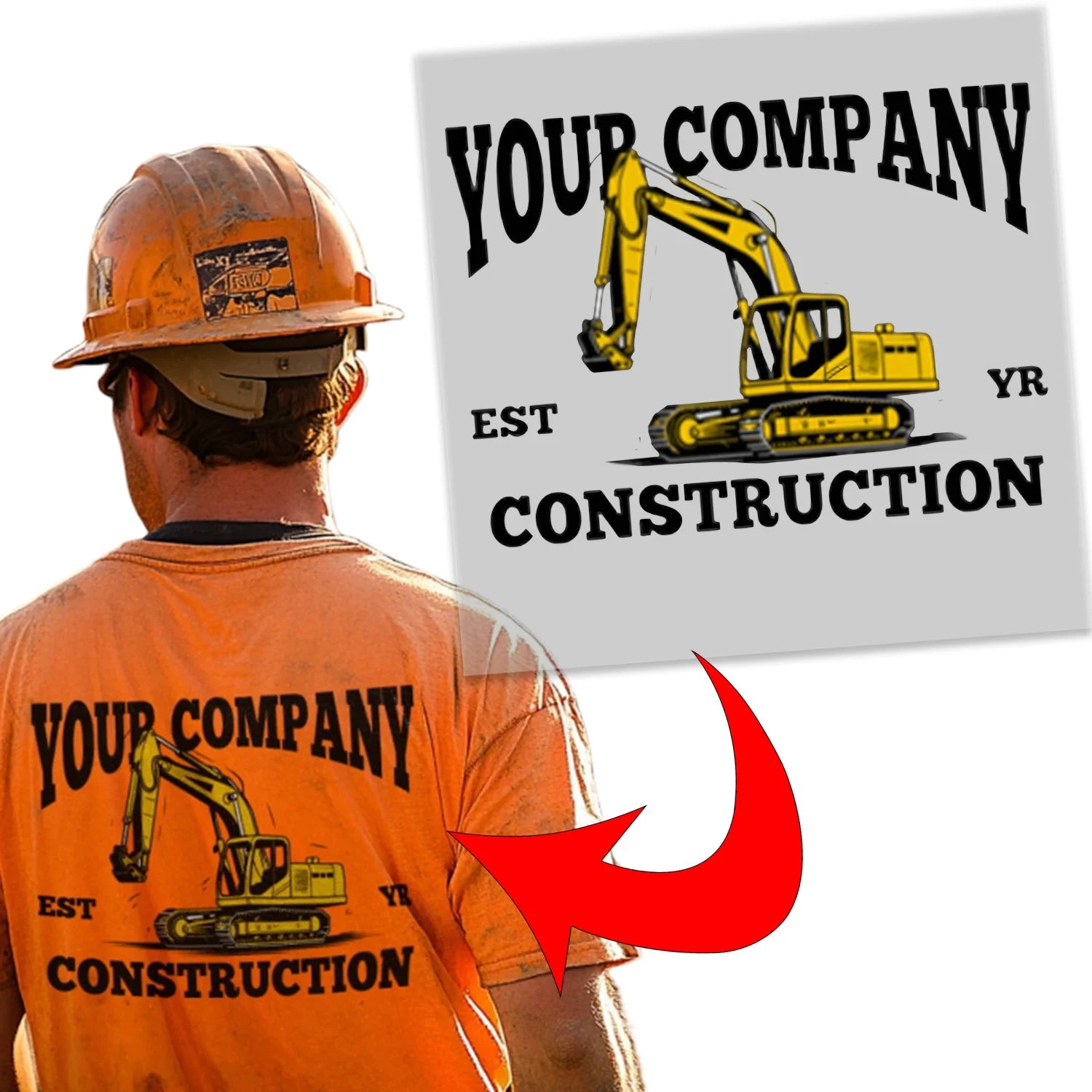DTF transfer application process showing transformation from transfer to finished construction work shirt