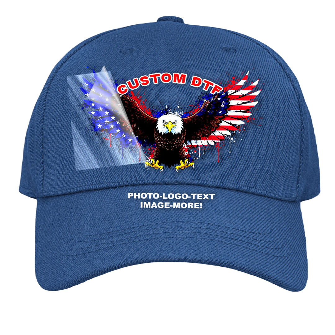Custom DTF transfer applied to a blue baseball cap showing an American eagle flag design — full color hat transfer printed in USA by Mugsie, Agoura Hills CA