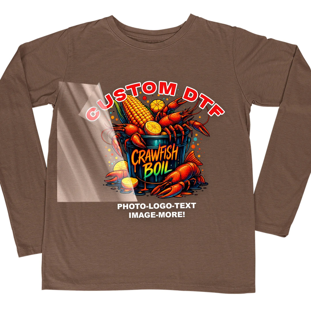 Custom DTF transfer applied to a long sleeve shirt showing a full color crawfish boil design — ready-to-press transfer for long sleeve shirts printed in USA by Mugsie, Agoura Hills CA