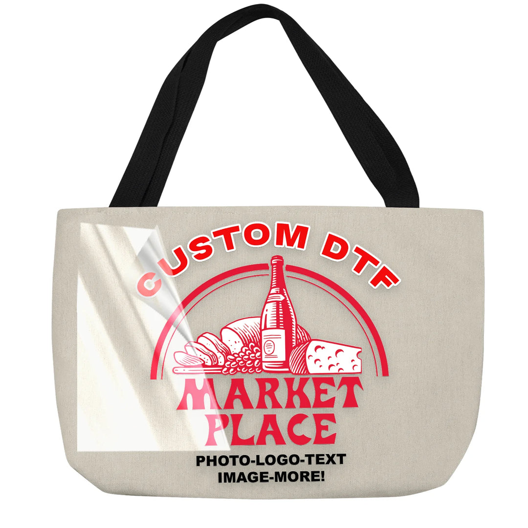 Custom DTF transfer applied to a natural canvas tote bag — full color ready-to-press tote bag transfer printed in USA by Mugsie, Agoura Hills CA