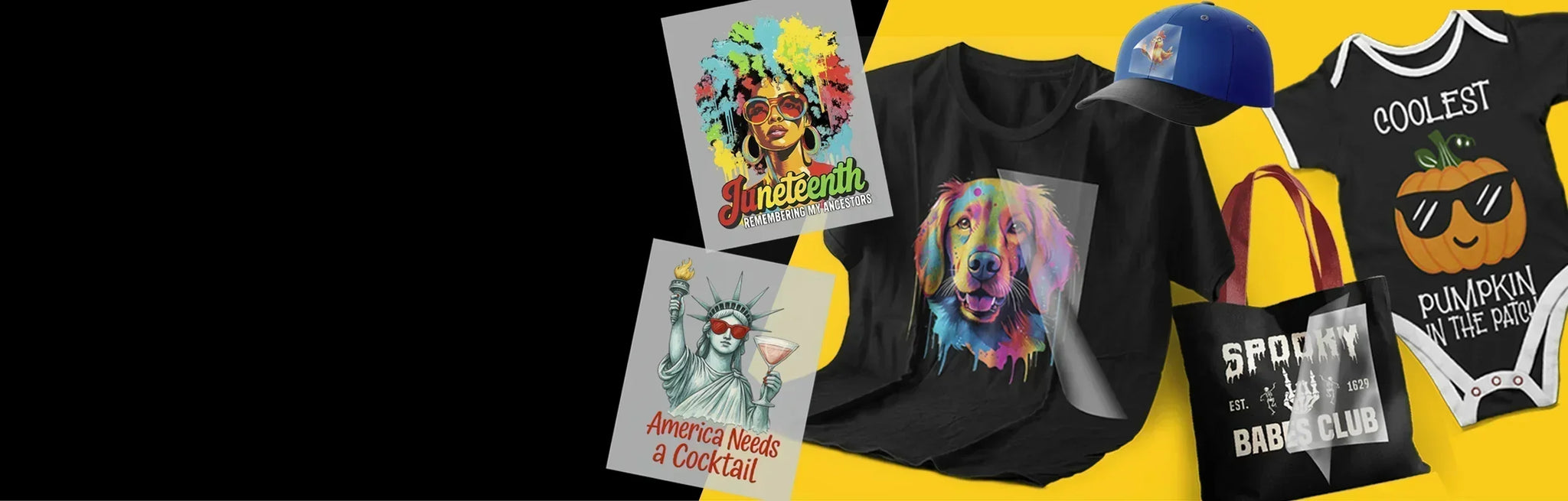 Custom DTF transfers ready to press for t-shirts and apparel showing vibrant heat transfer designs for custom clothing