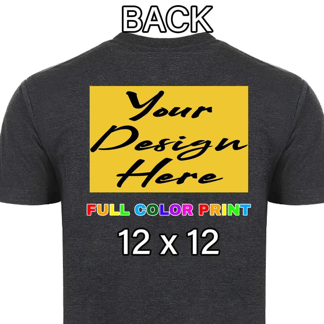 Custom heather grey t-shirt 12x12 full back placement full color DTF print
