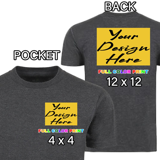 Custom heather grey t-shirt pocket and back combo full color DTF print left chest pocket and back placement