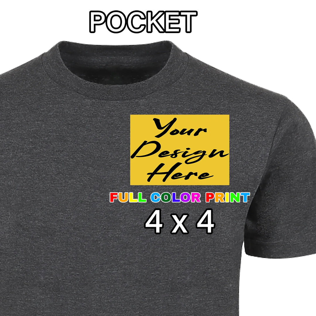 Custom heather grey t-shirt with 4x4 left chest pocket placement full color DTF print