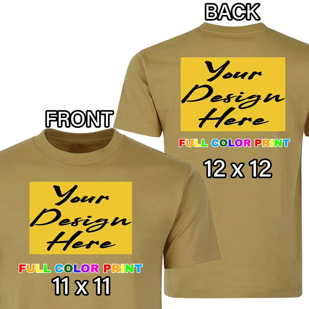 Custom Khaki t-shirt front and back combo full color DTF print front chest and back placement