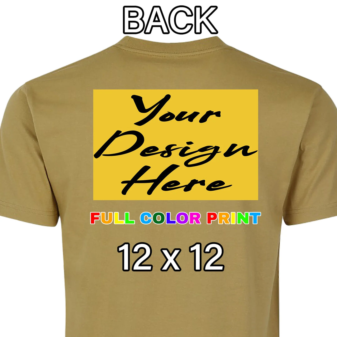 Custom khaki t-shirt 12x12 full back placement full color DTF print