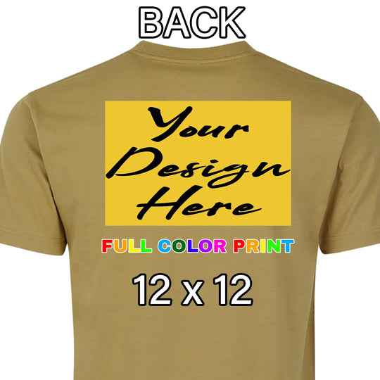 Custom khaki t-shirt 12x12 full back placement full color DTF print