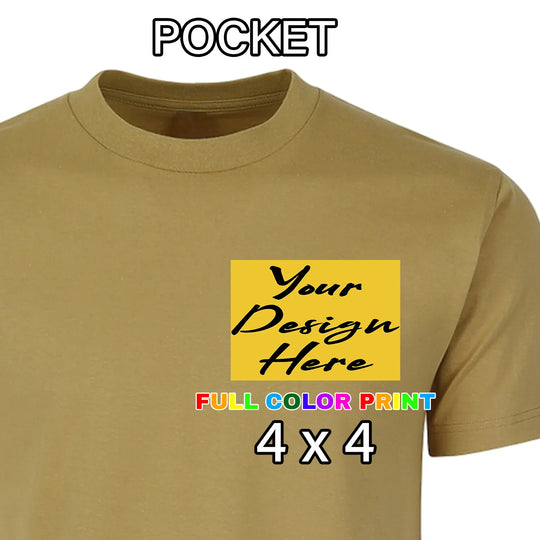 Custom khaki t-shirt left chest pocket full color DTF print